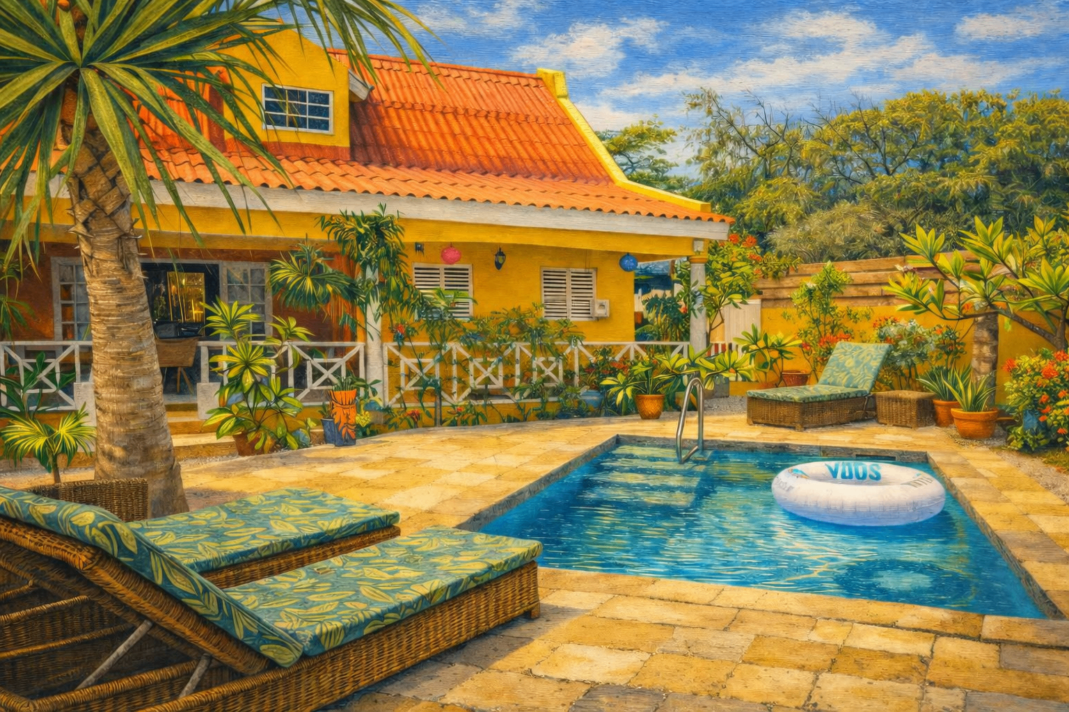 Klundert 26 — sunlit yellow villa with private pool, palm tree and lounge chairs in Curaçao